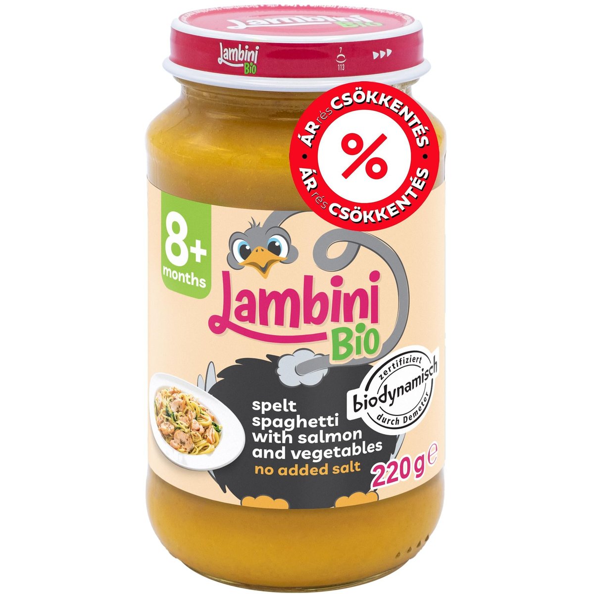 Lambini BIO Demeter zöldségkészítmény sárgarépával tönkölybúzából készült spagetti tésztával, lazaccal és édesköménnyel 8 hónapos kortól