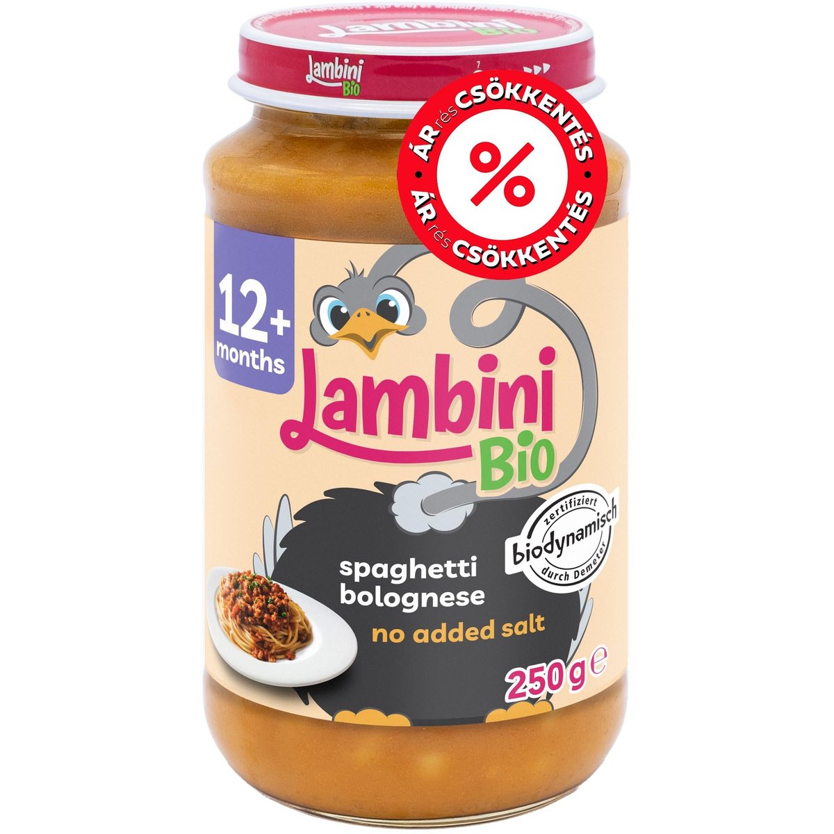 Lambini BIO Demeter Bio zöldségkészítmény teljes kiőrlésű tönköly búzából készült spagetti tésztával és marhahússal 12 hónapos kortól