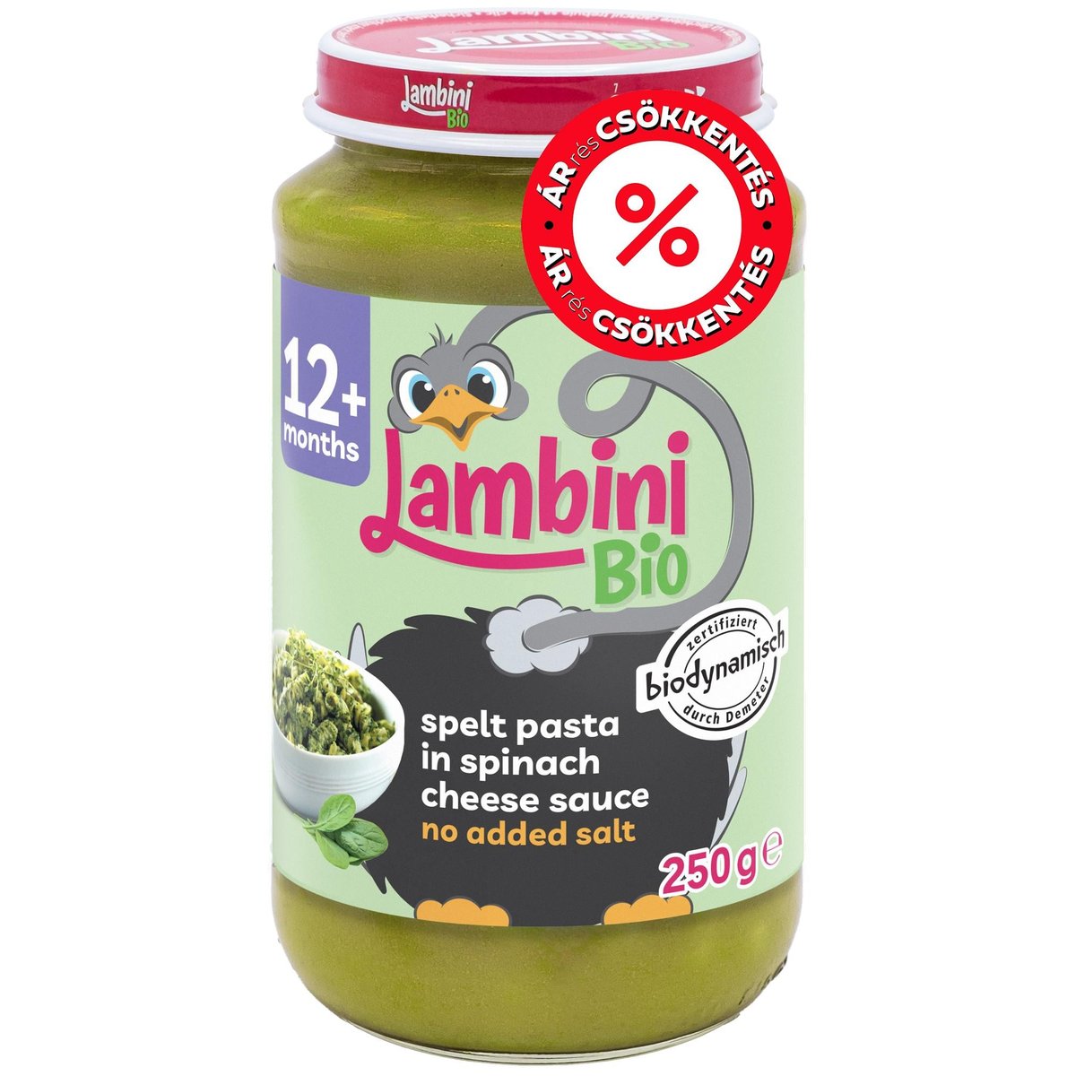 Lambini BIO Demeter Bio zöldségkészítmény tönköly búzából készült tésztával és sajttal 12 hónapos kortól