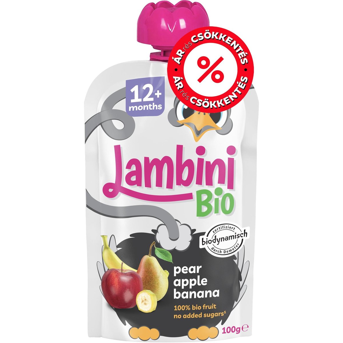 Lambini BIO Demeter Körte Alma Banánnal gyümölcspüré 12 hónapos kortól