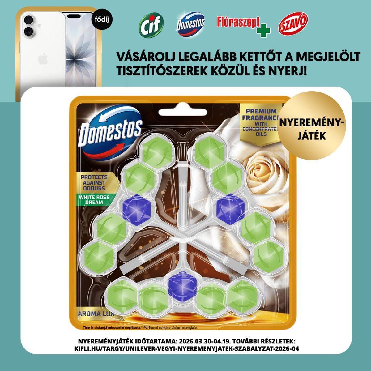 Domestos Aroma Lux White Rose WC illatosító blokk, 3x50g