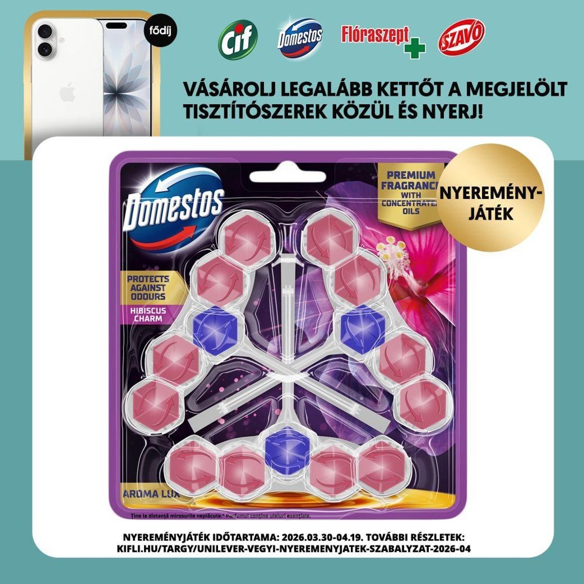 Domestos Aroma Lux Hibiscus WC illatosító blokk, 3x50g