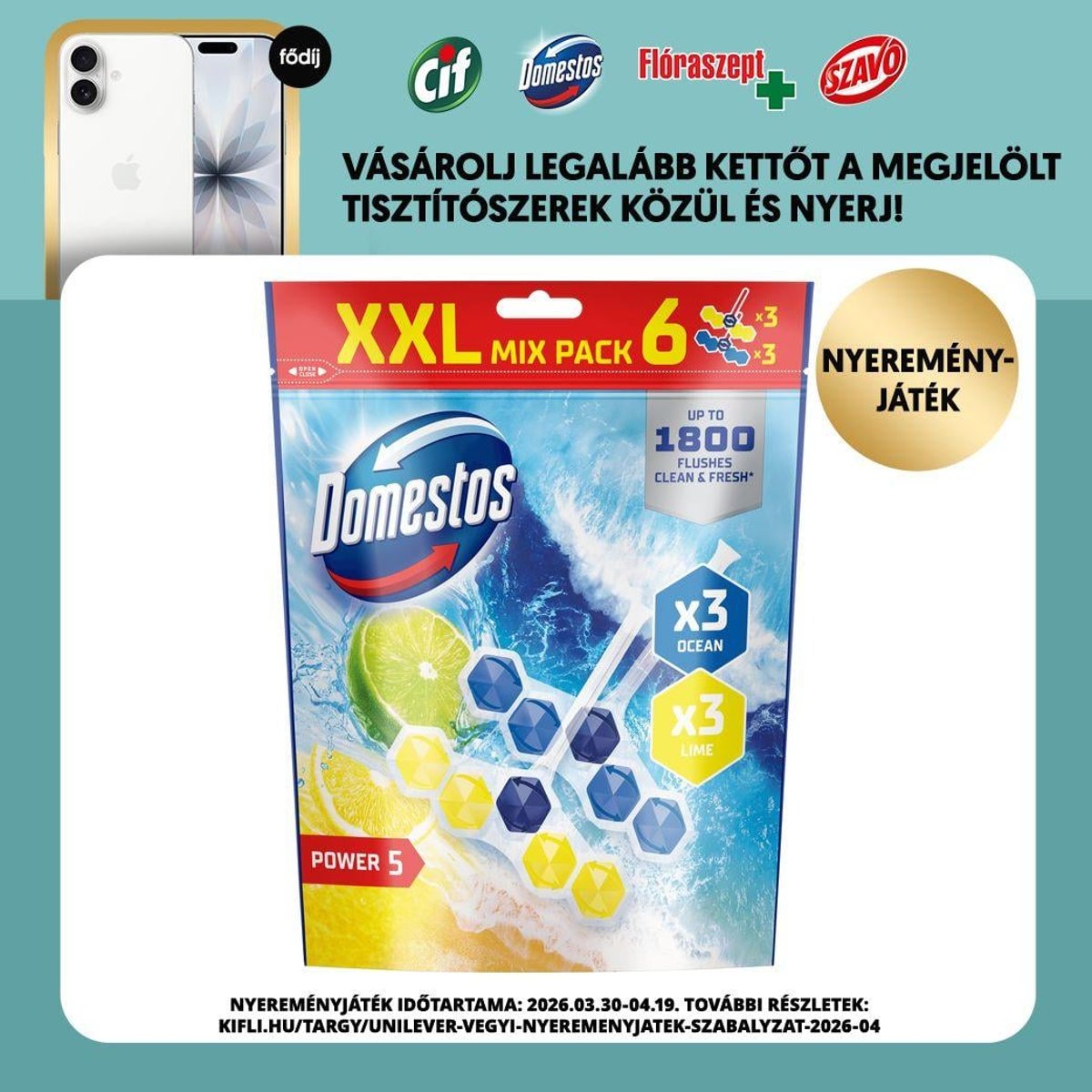 Domestos Power5 Lime / Ocean mix WC illatosító blokk, 6x50 g