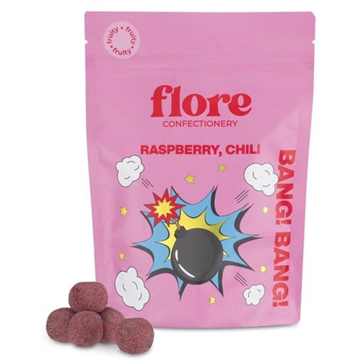Flore Confectionery Bang!Bang! drazsé: Rózsás, chilis málnazselé, étcsokoládé drazsé