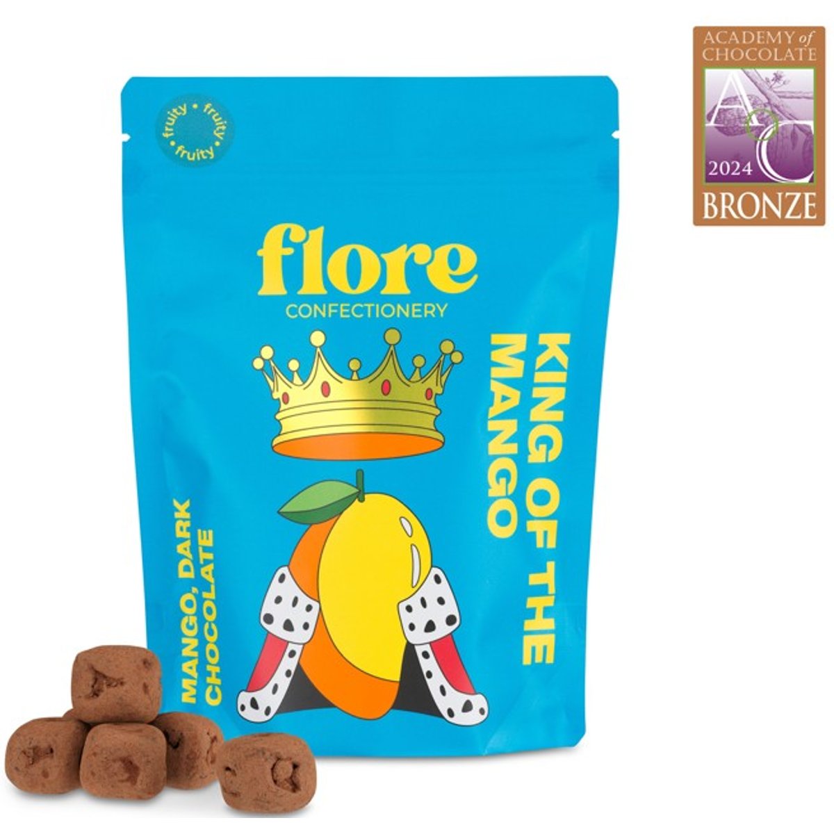 Flore Confectionery Mangó Király drazsé: Maracujás mangó zselé, étcsokoládé drazsé