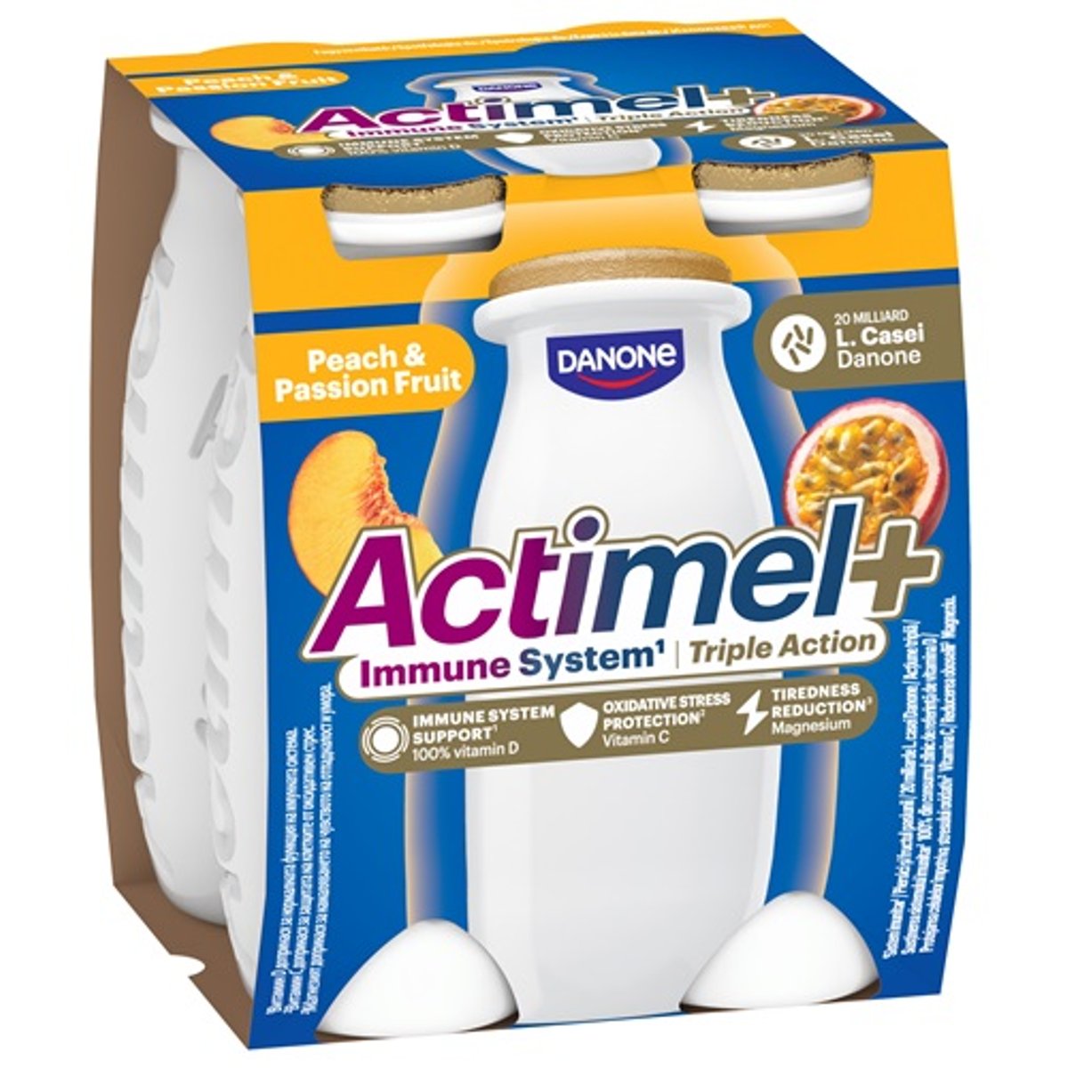 Danone Actimel Triple Action őszibarackos-maracujás joghurtital C-, B6-, D-vitaminnal és magnéziummal (4x100g)