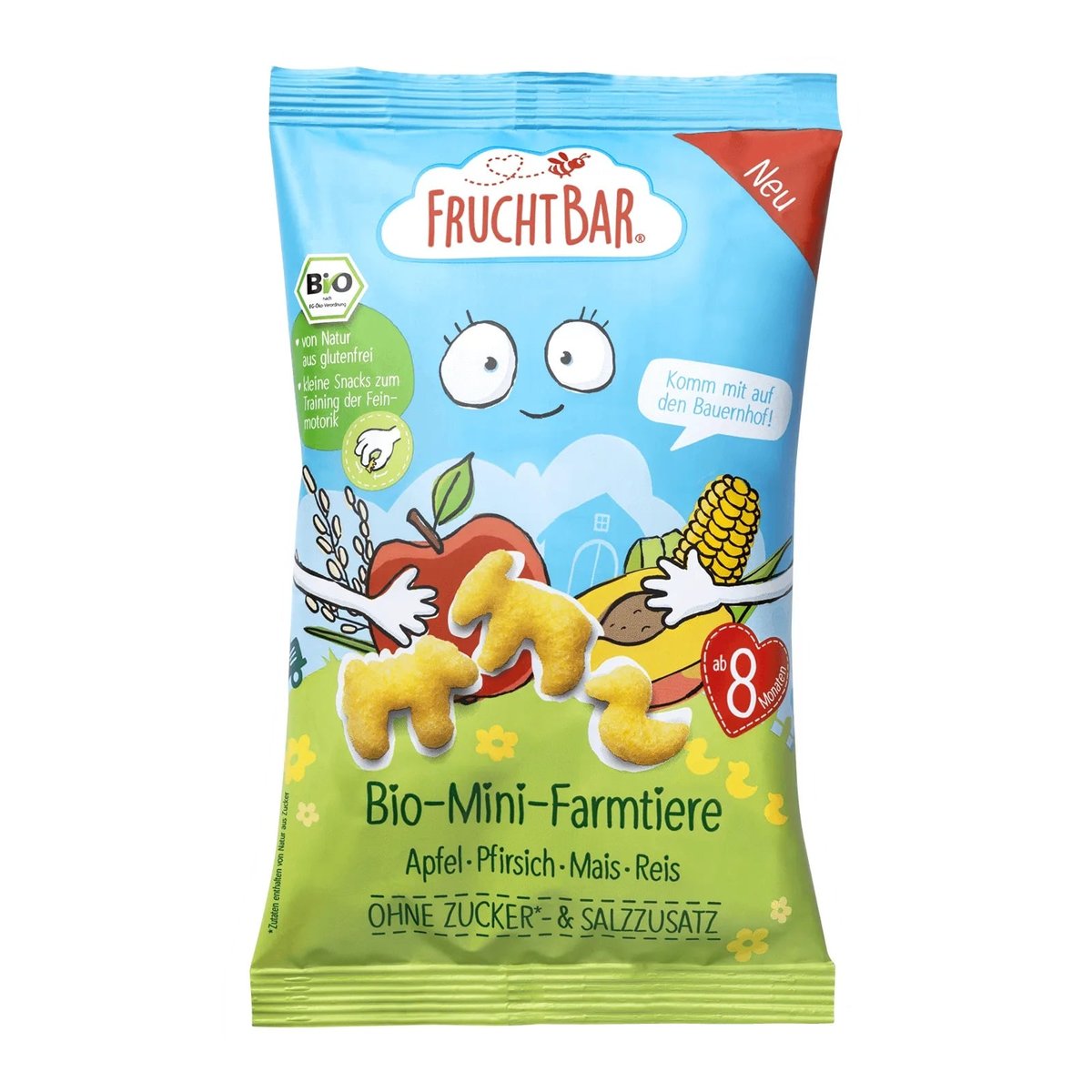 Fruchtbar BIO Extrudált kukorica snack "Mini-farm-állatok" (Alma, őszibarack, rizs) 8hónapos kortól