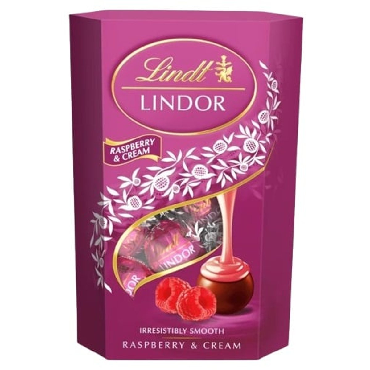 Lindt Lindor Raspberry & Cream tejcsokoládé praliné lágyan olvadó málnás-tejszínes töltelékkel