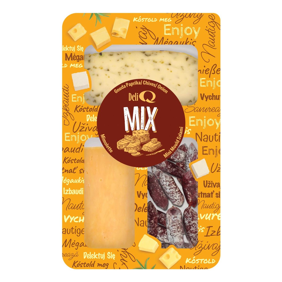 Deli Q Mix Gouda Paprika, metélőhagyma, hagyma, mimolette és mini penészes szalámi