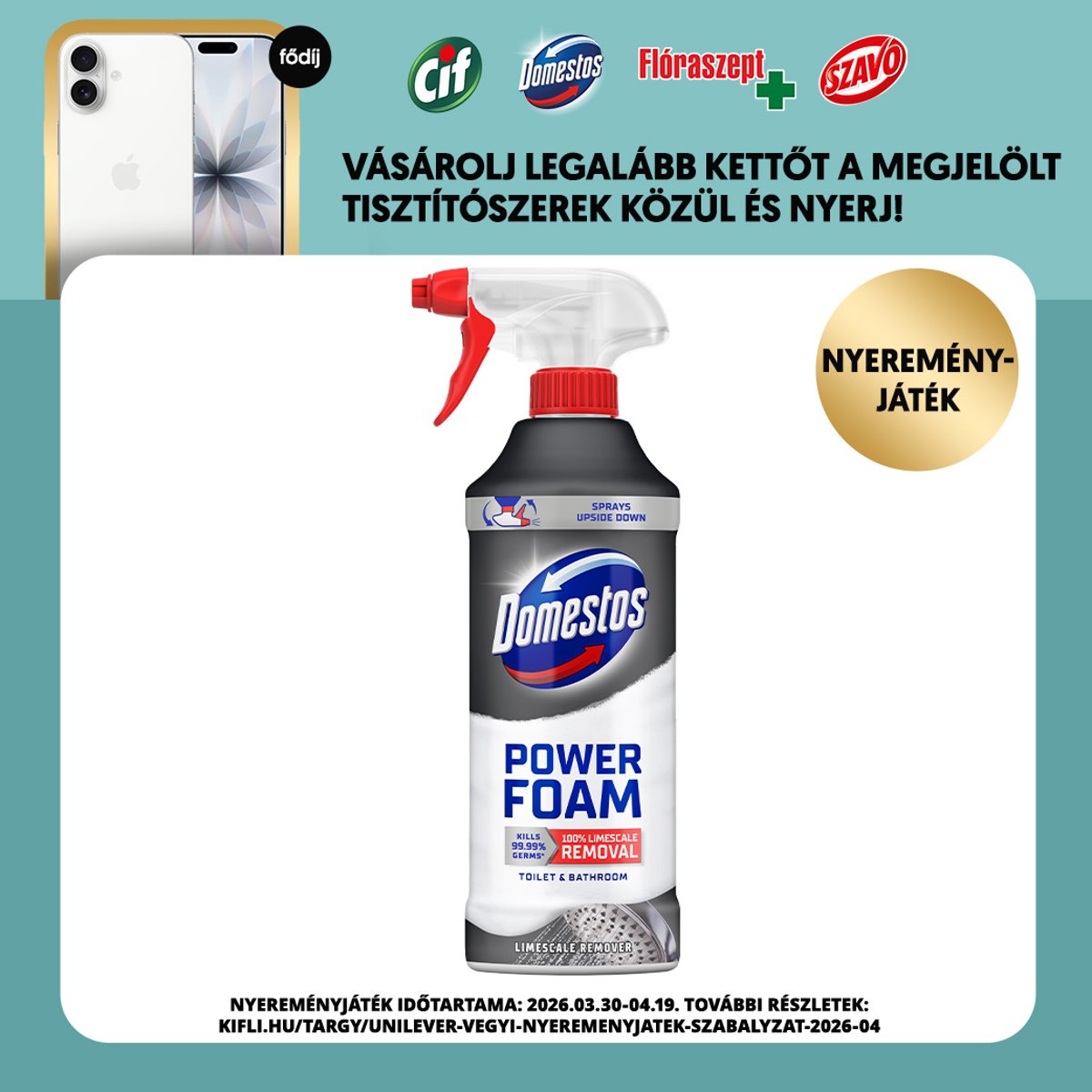 Domestos Power Foam vízkő eltávolító hatású WC és fürdőszoba tisztító hab, 435 ml