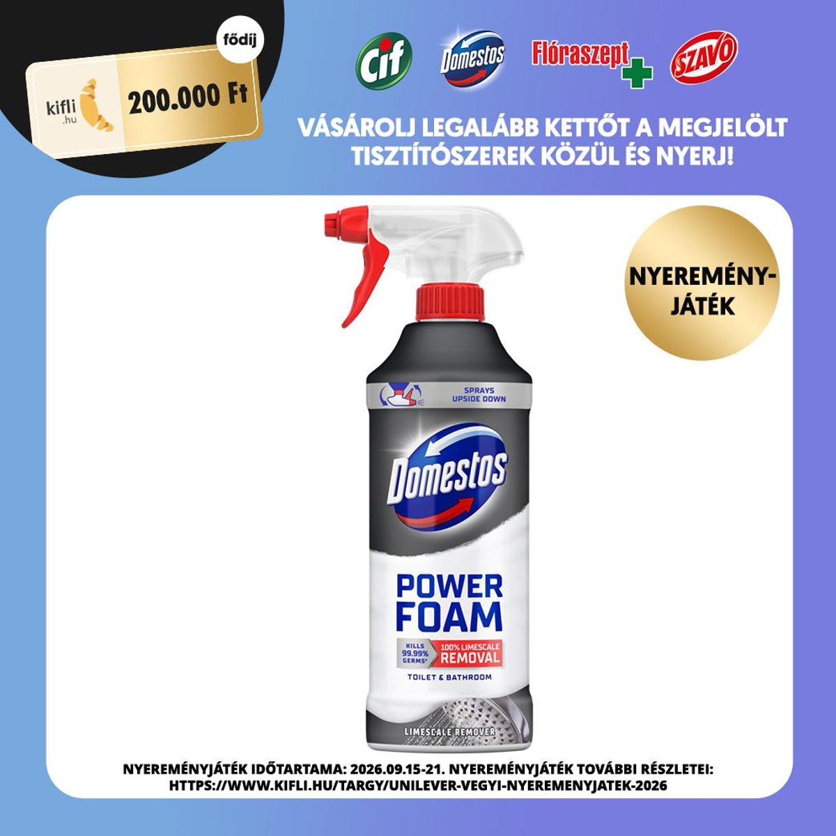 Domestos Power Foam vízkő eltávolító hatású WC és fürdőszoba tisztító hab, 435 ml