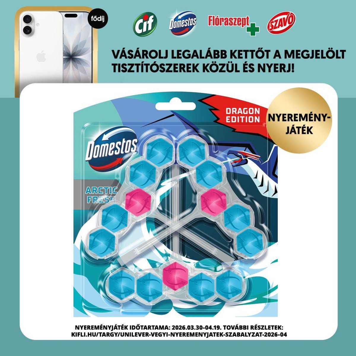 Domestos Power5 Arctic fresh WC illatosító blokk, 3x50g