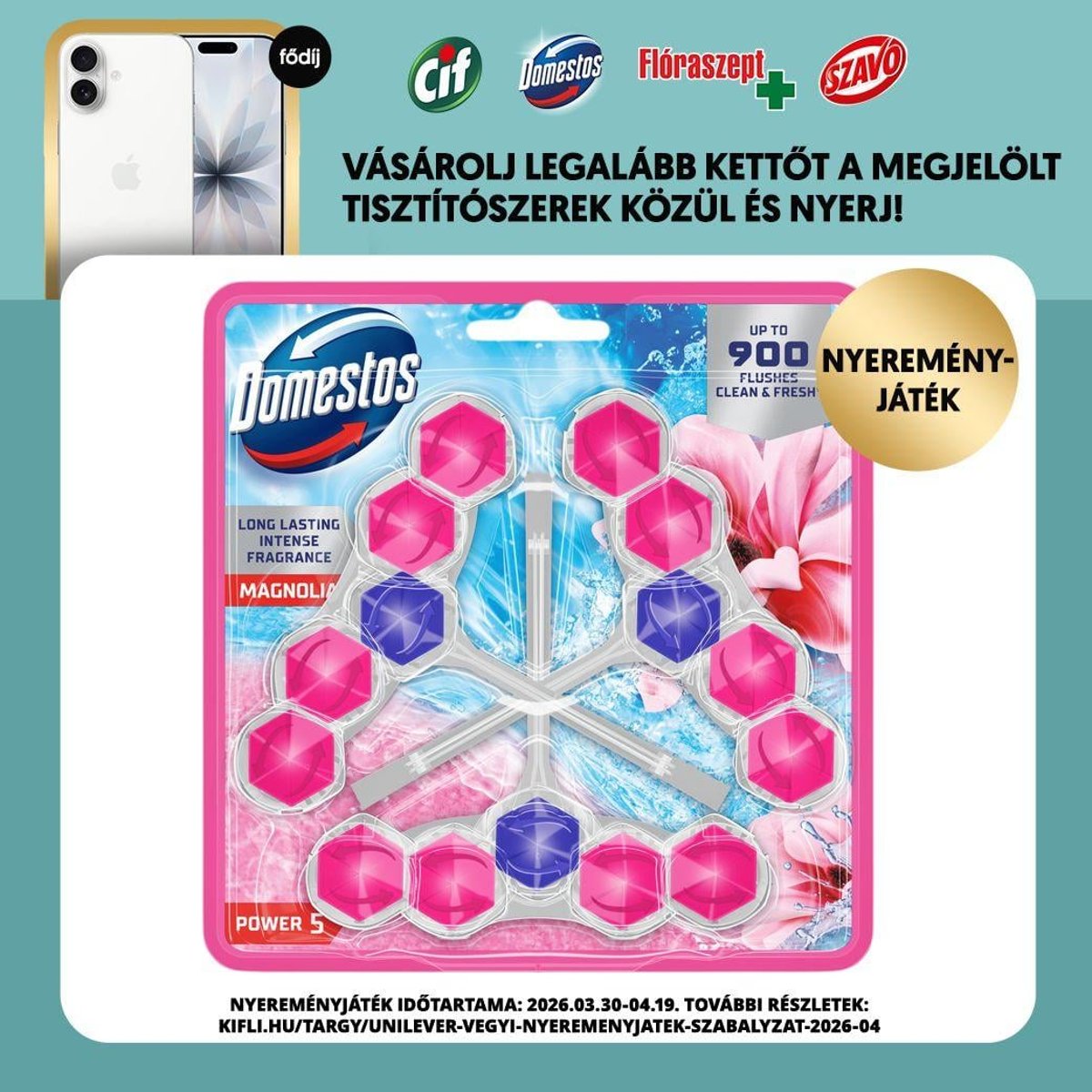 Domestos Blue Water Magnolia WC illatosító blokk, 3x48g