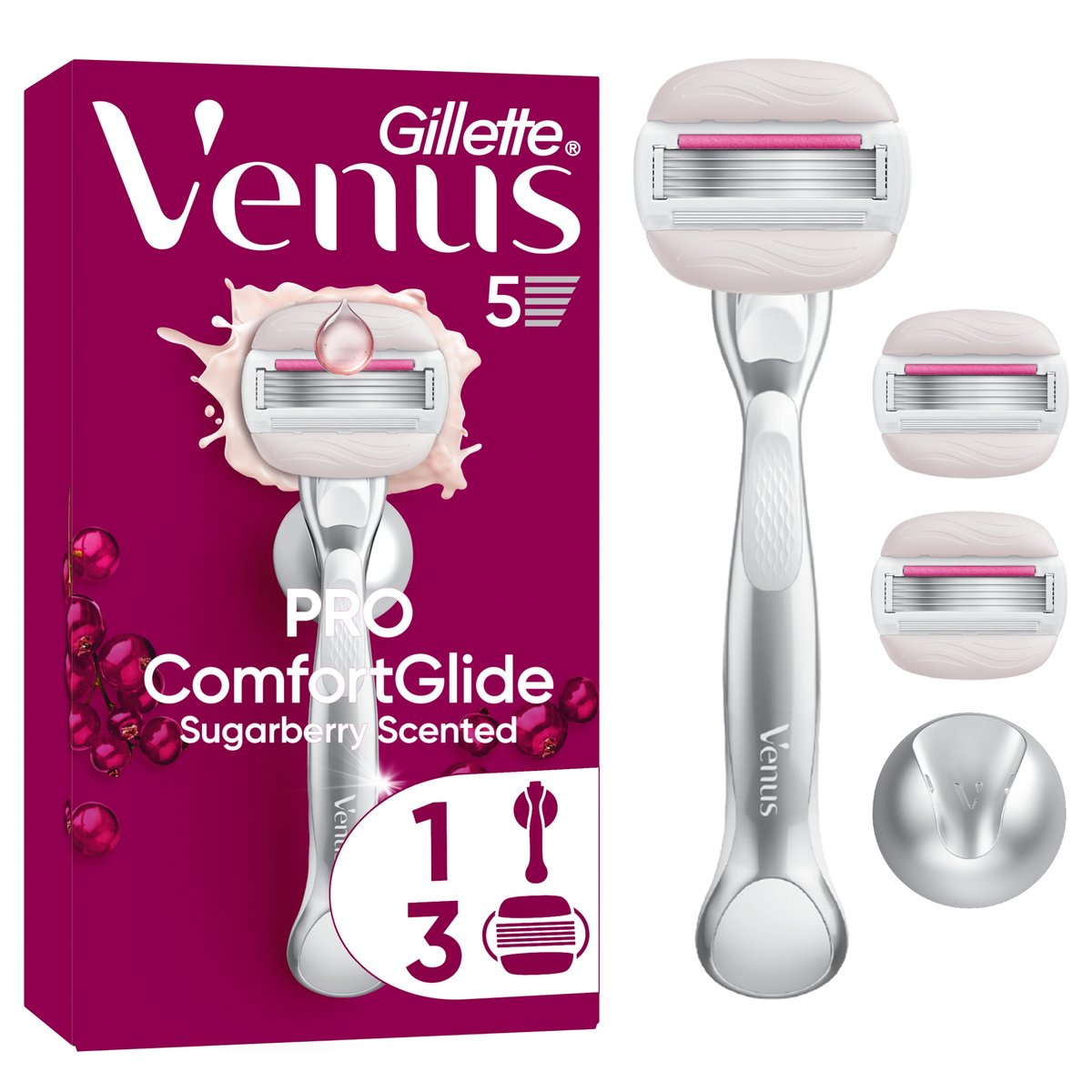 Gillette Venus Pro Comfort Glide Sugarberry Női Borotva 3 db Borotvabetéttel, Fali Borotvatartóval