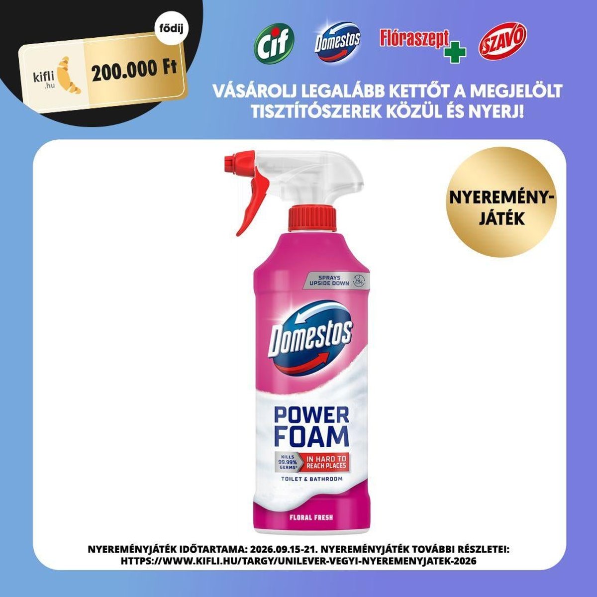 Domestos Power Foam Floral Fresh WC és fürdőszoba tisztító hab, 650ml