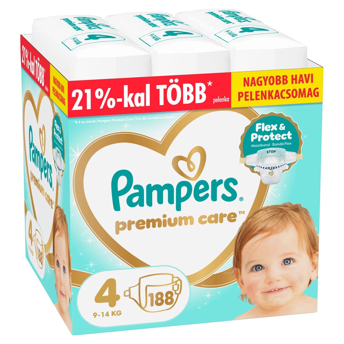 Pampers Premium Care Pelenka, Havi Pelenkacsomag, Méret: 4 (9-14 kg) 188 db
