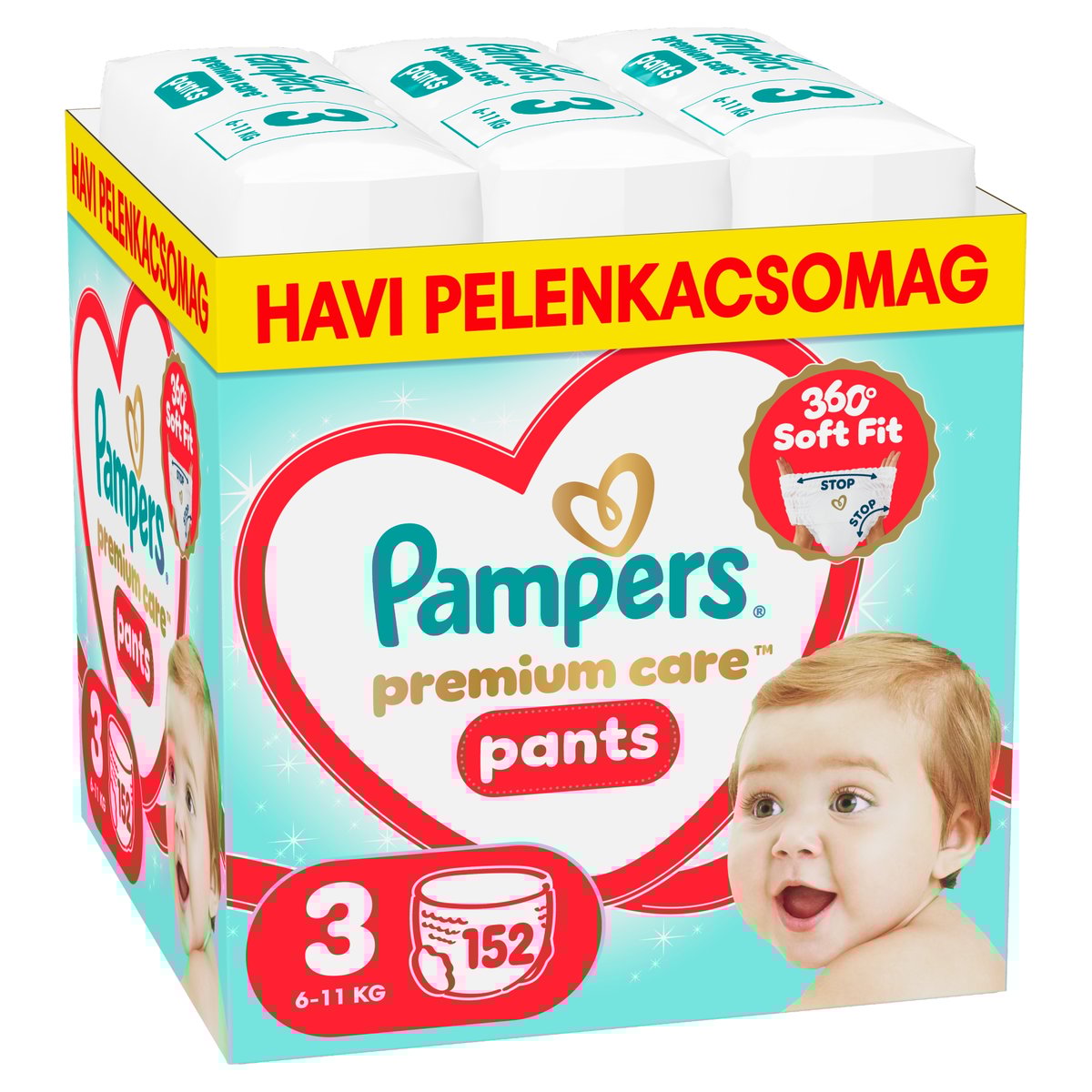 Pampers Premium Care Pants Bugyipelenka, Havi Pelenkacsomag, Méret: 3 (6-11 kg) 152 db