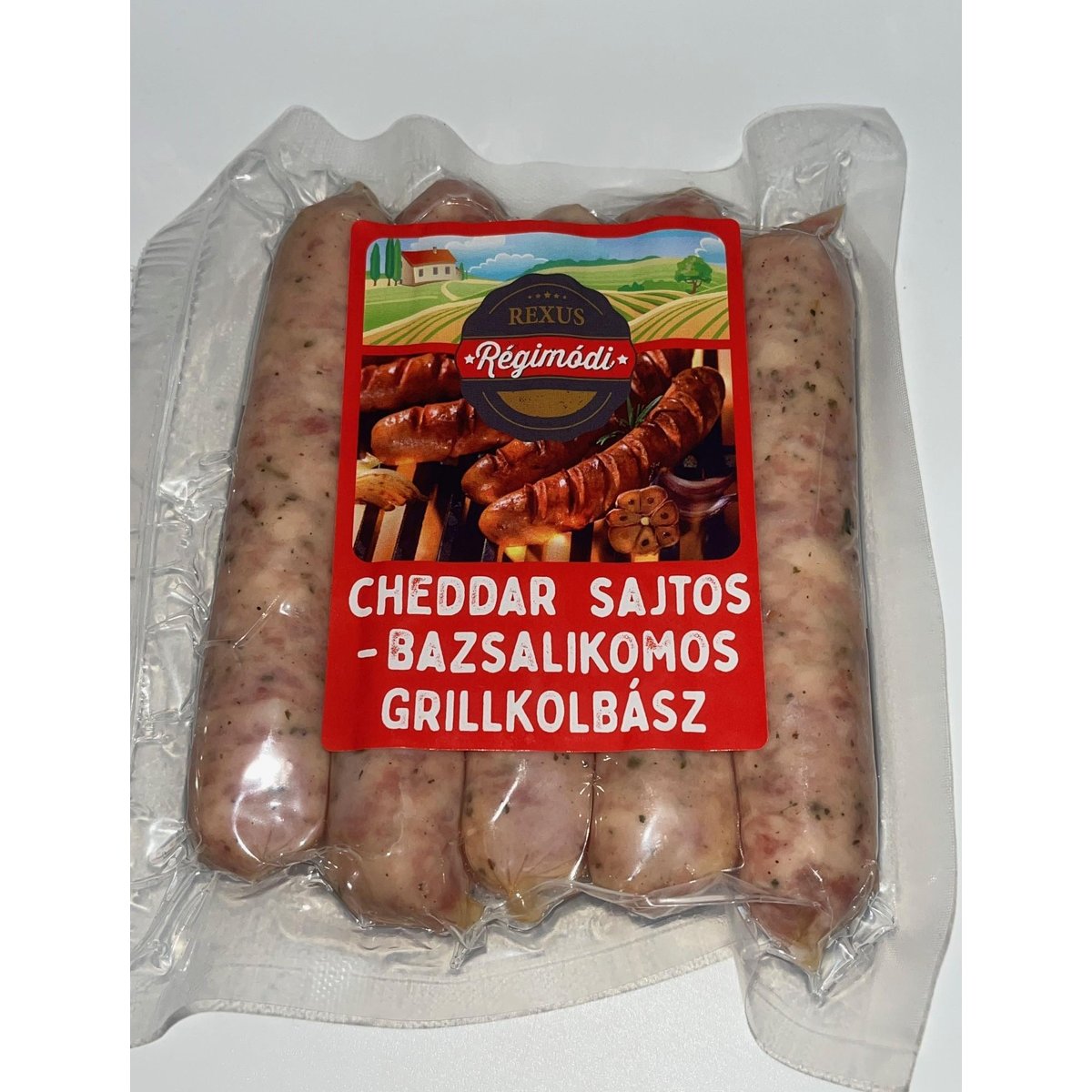 Régimódi chedar sajtos - bazsalikomos grillkolbász