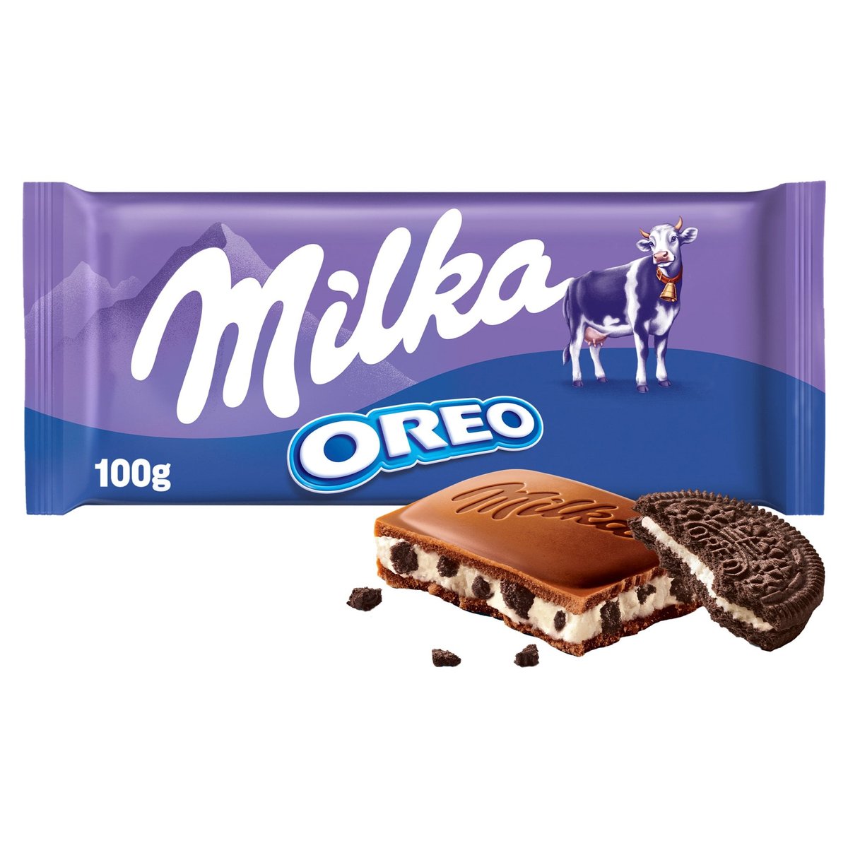 Milka Oreo alpesi tejcsokoládé kakaós kekszdarabkákkal és vaníllia ízű tejes krémmel töltve