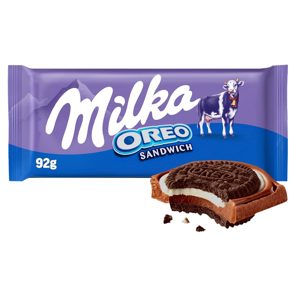 Milka & Oreo Sandwich kakaós kekszek vaníliaízű, tejes krémtöltelékkel alpesi tejcsokoládén