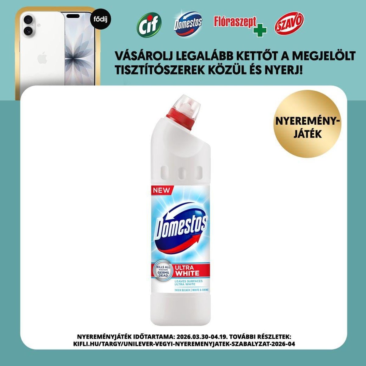 Domestos Extended Power White & Shine fertőtlenítő hatású folyékony tisztítószer, 750 ml