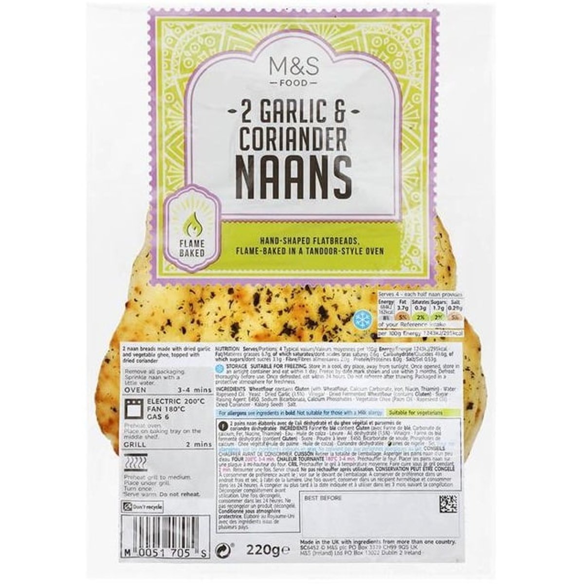 Marks and Spencer 2 naan kenyér szárított fokhagymával és növényi ghee-vel, szárított korianderrel