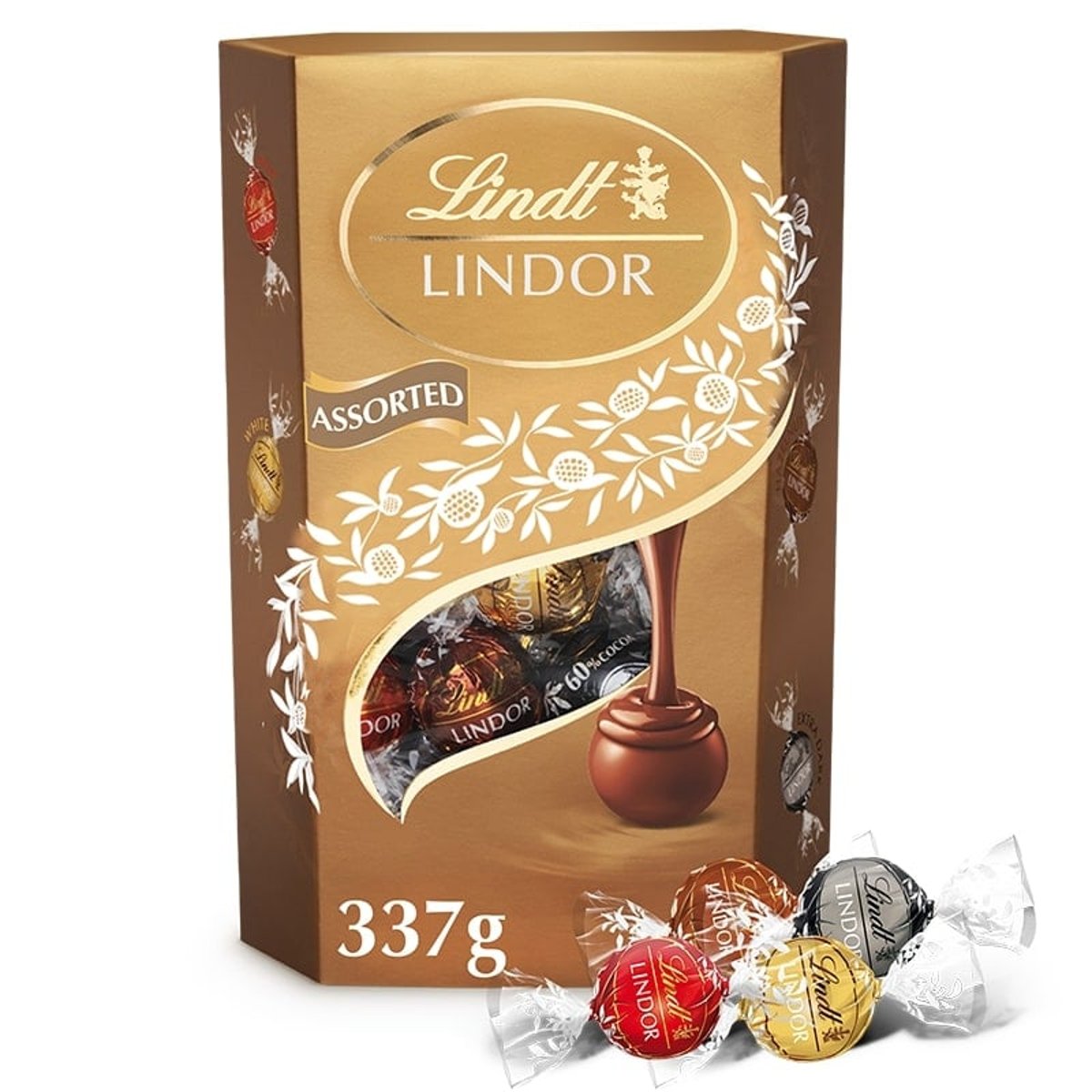 Lindt Lindor Tejcsokoládé,tejcsokoládé mogyoródarabokkal, fehércsokoládé és extra étcsokoládé pralinék lágyan olvadó töltelékkel