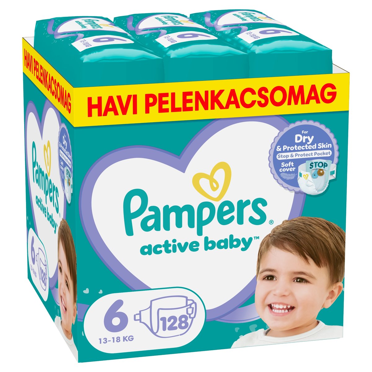 Pampers Active Baby Pelenka, Havi Pelenkacsomag, Méret: 6 (13-18 kg) 128 db