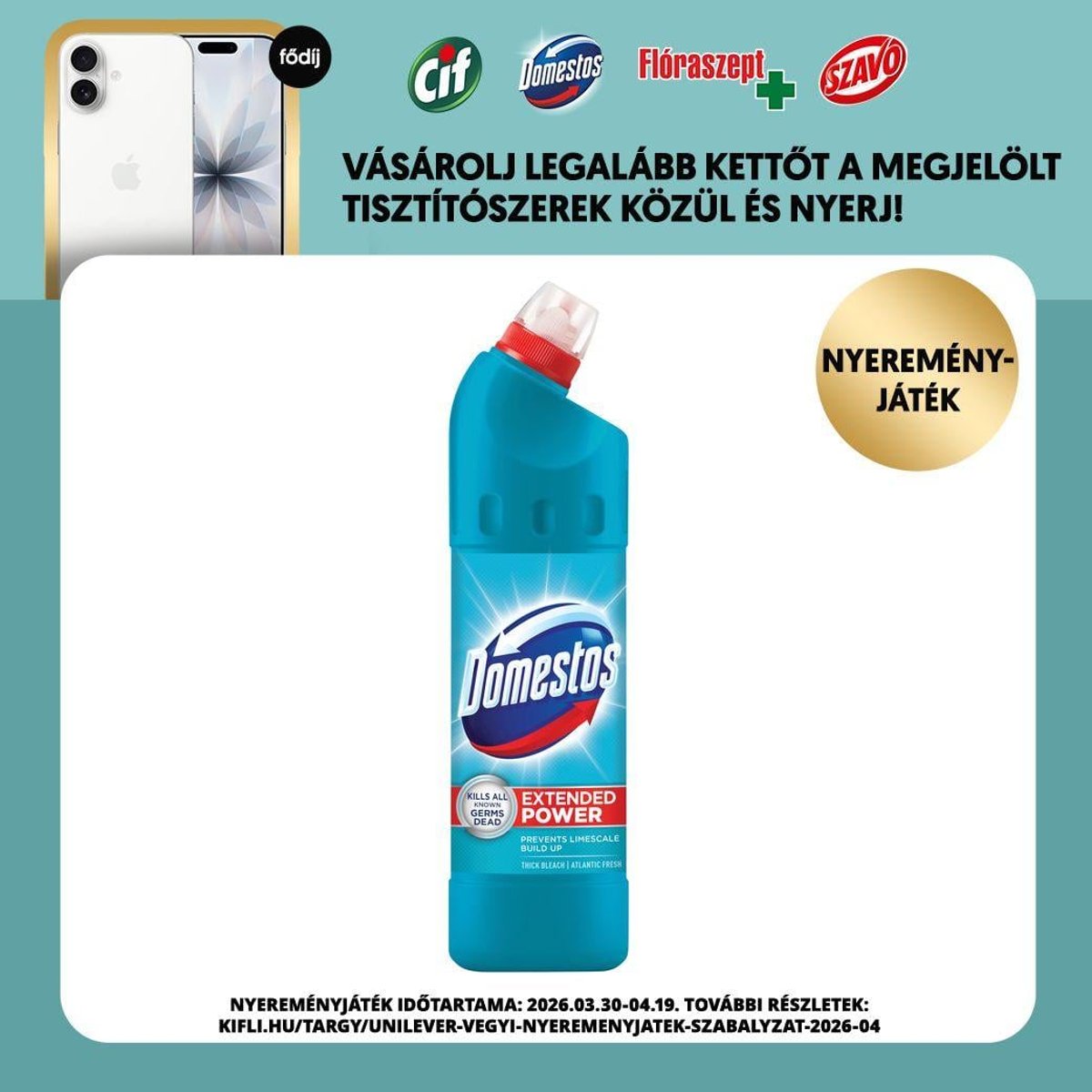Domestos Extended Power Atlantic Fresh fertőtlenítő hatású folyékony tisztítószer, 750 ml