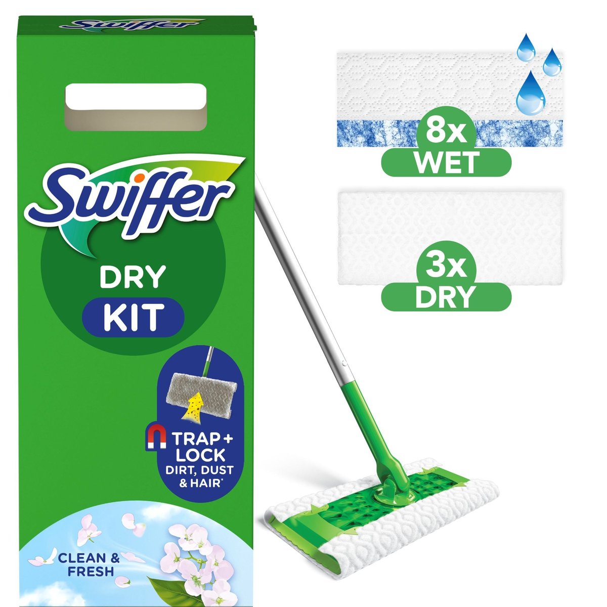 Swiffer Sweeper Száraz és Nedves Felmosó Kezdőkészlet, 1 db felmosó + 8 db száraz kendő + 3 db nedves kendő