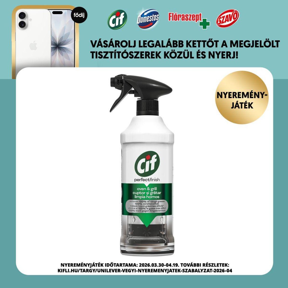 Cif Perfect Finish zsíroldó spray sütő és grill felületekre, 435 ml