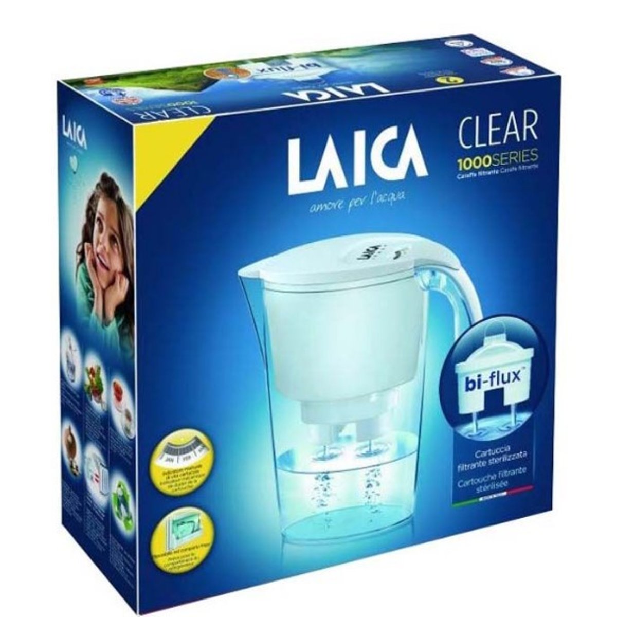 LAICA Clear Line fehér vízszűrő kancsó mechanikus kijelzővel és 1 db bi-flux univerzális szűrőbetéttel