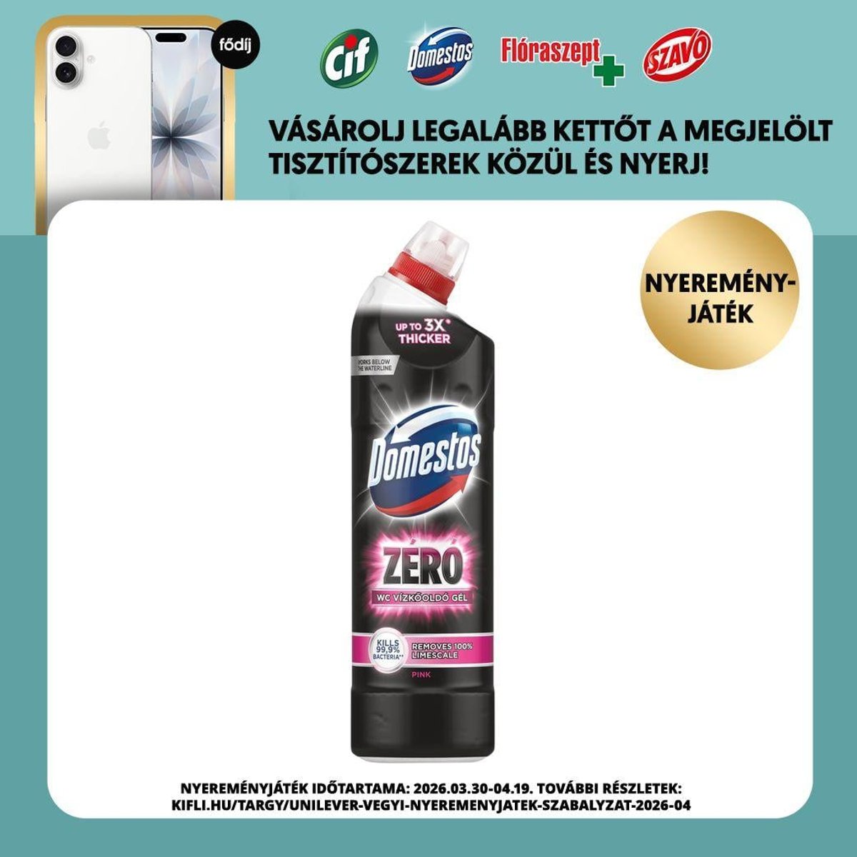 Domestos zéró Pink WC vízkőoldó gél fertőtlenítő hatással, 750ml