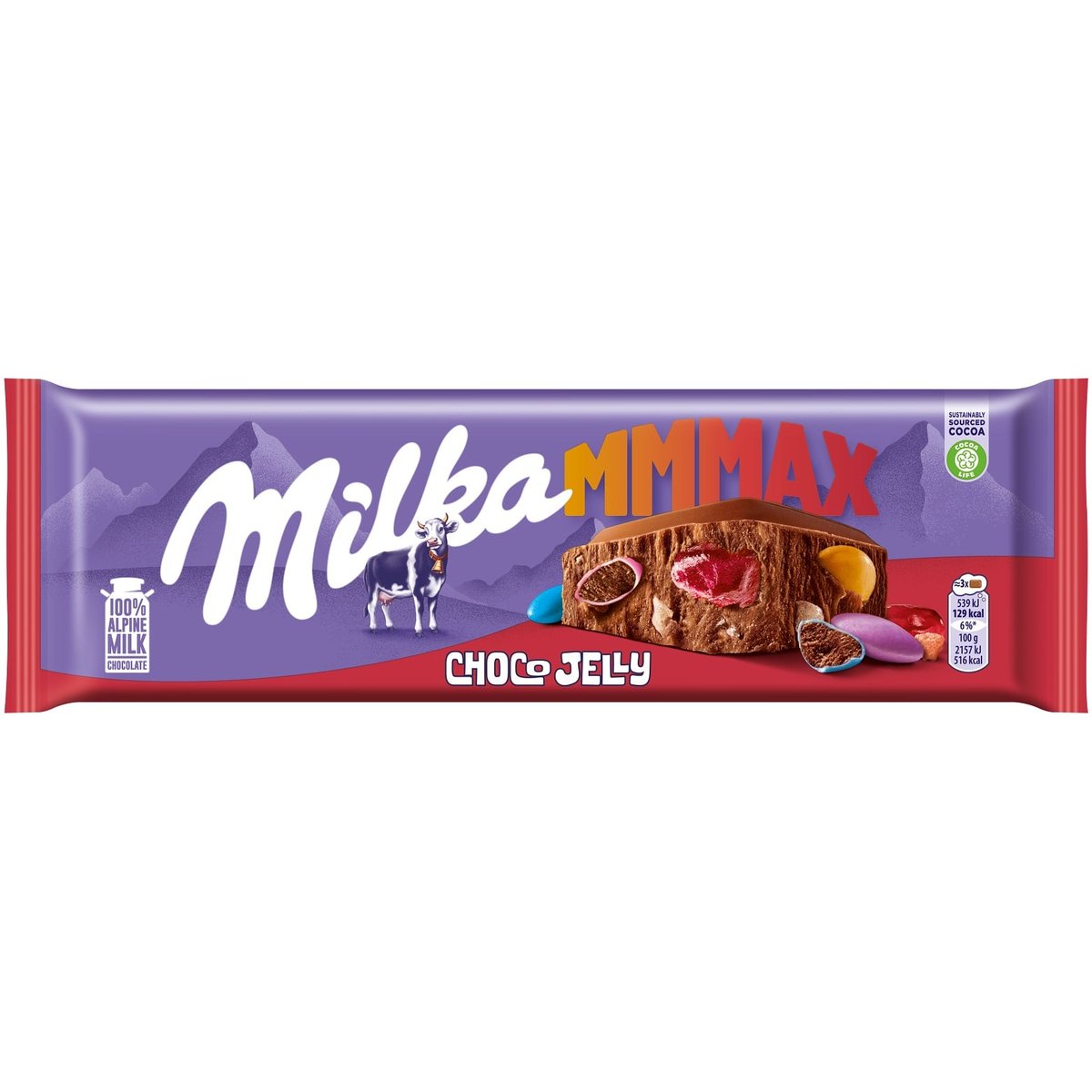 Milka MMMAX Alpesi tejcsokoládé meggyes zselédarabkákkal, cukordrazséval és robbanócukorkával