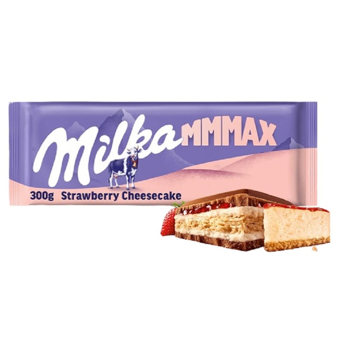 Milka MMMAX Alpesi tejcsokoládé sajttortaizű krémtöltelékkel, epres töltelékkel és keksszel