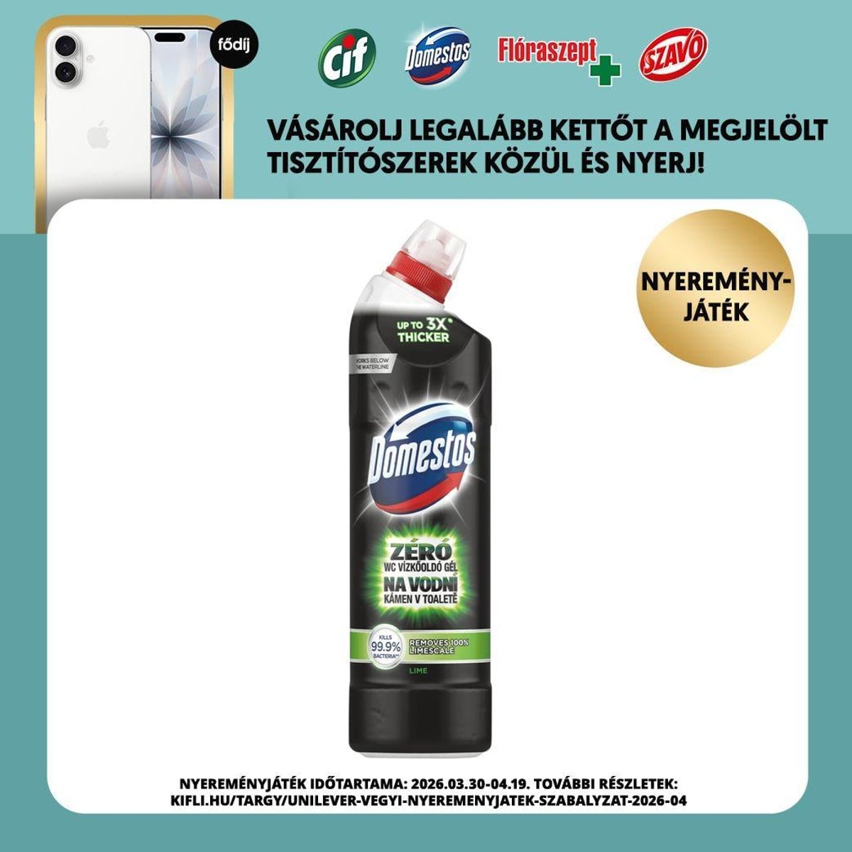 Domestos zéró Lime WC vízkőoldó gél fertőtlenítő hatással, 750ml