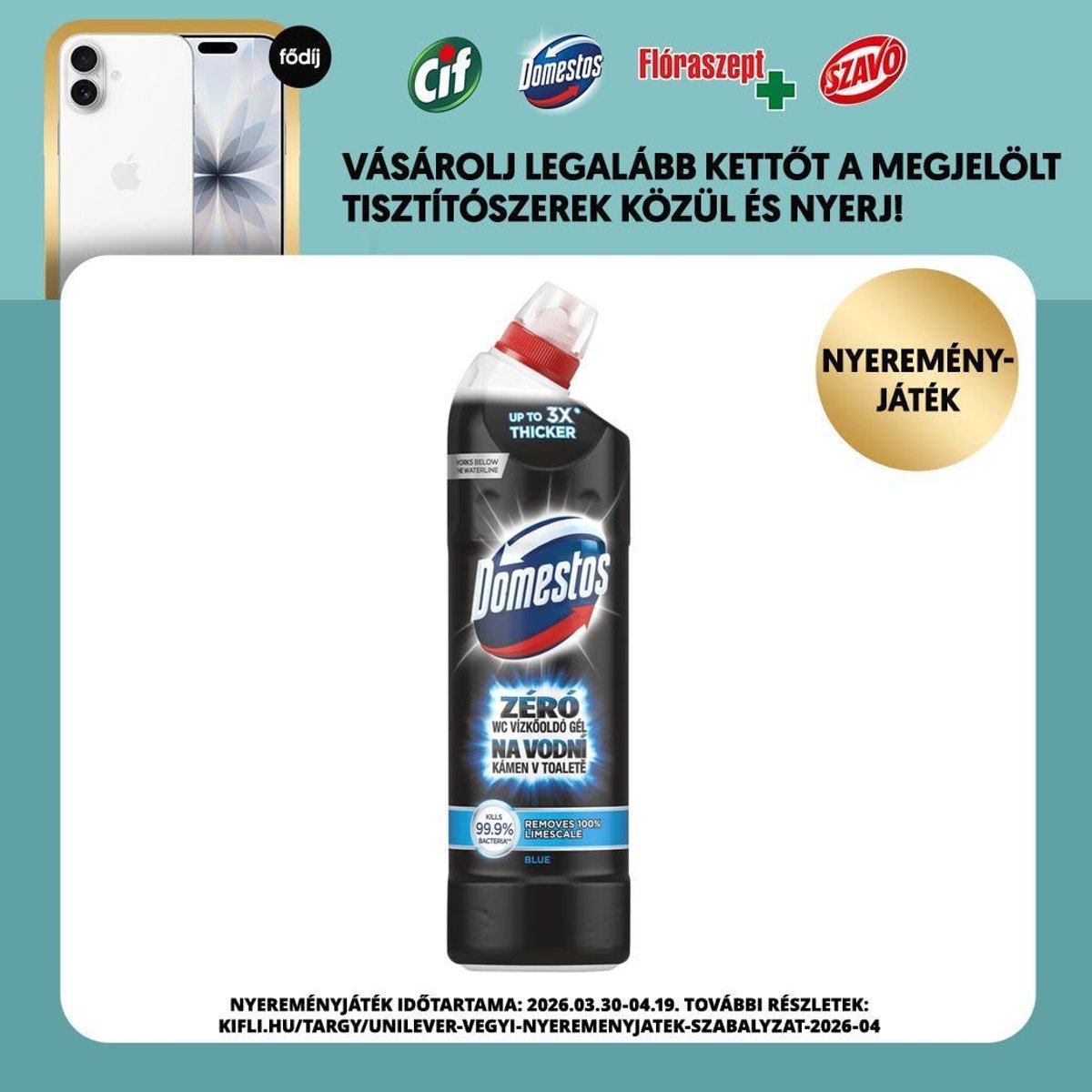 Domestos zéró Blue WC vízkőoldó gél fertőtlenítő hatással, 750ml
