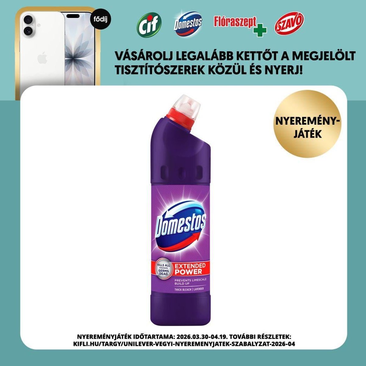 Domestos Extended Power Lavender fertőtlenítő hatású folyékony tisztítószer, 750 ml