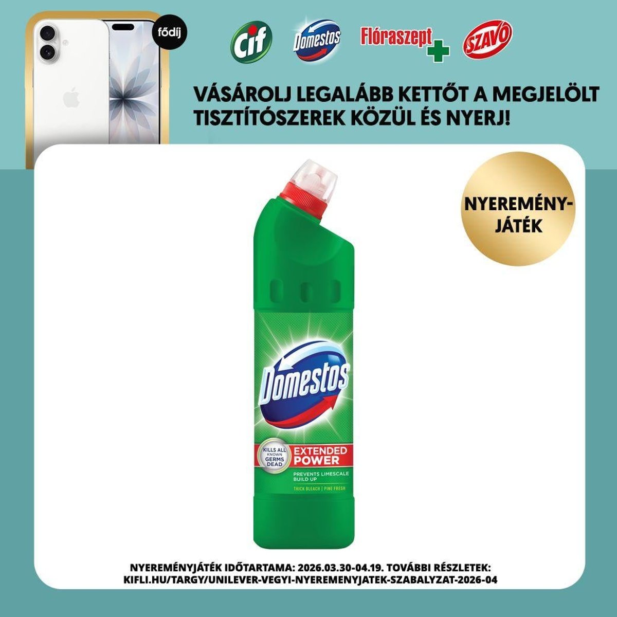 Domestos Extended Power Pine Fresh fertőtlenítő hatású folyékony tisztítószer, 750 ml