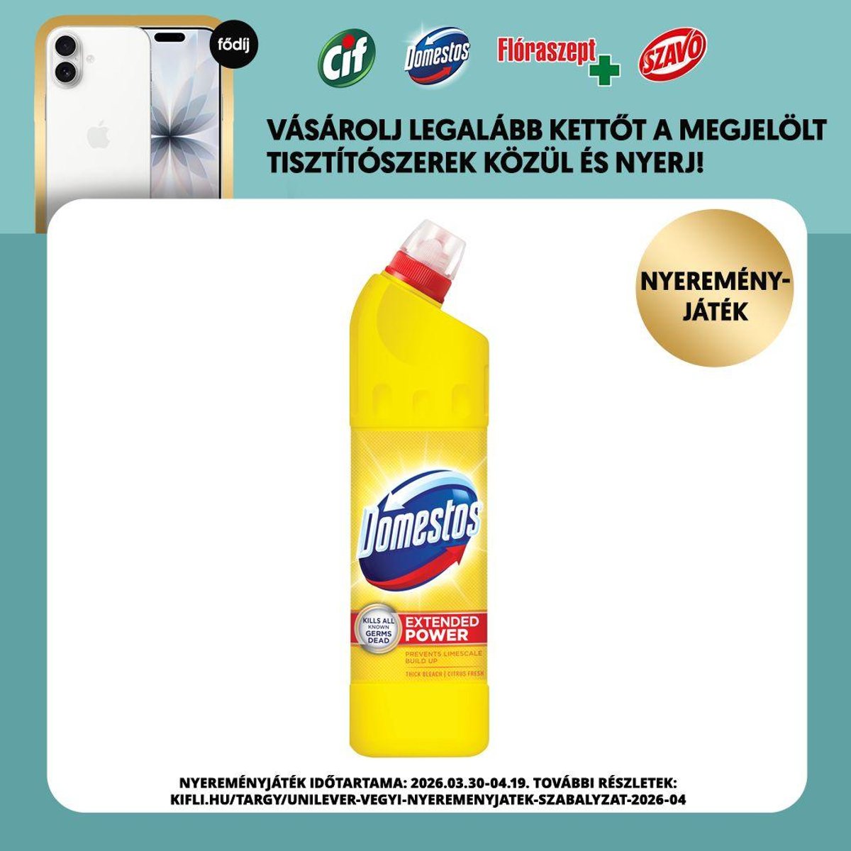 Domestos Extended Power Citrus Fresh fertőtlenítő hatású folyékony tisztítószer, 750 ml