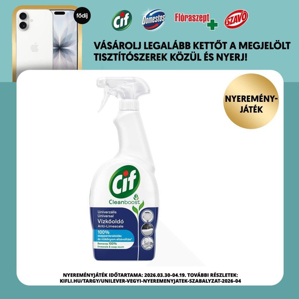 Cif Cleanboost univerzális vízkőoldó spray, 750 ml
