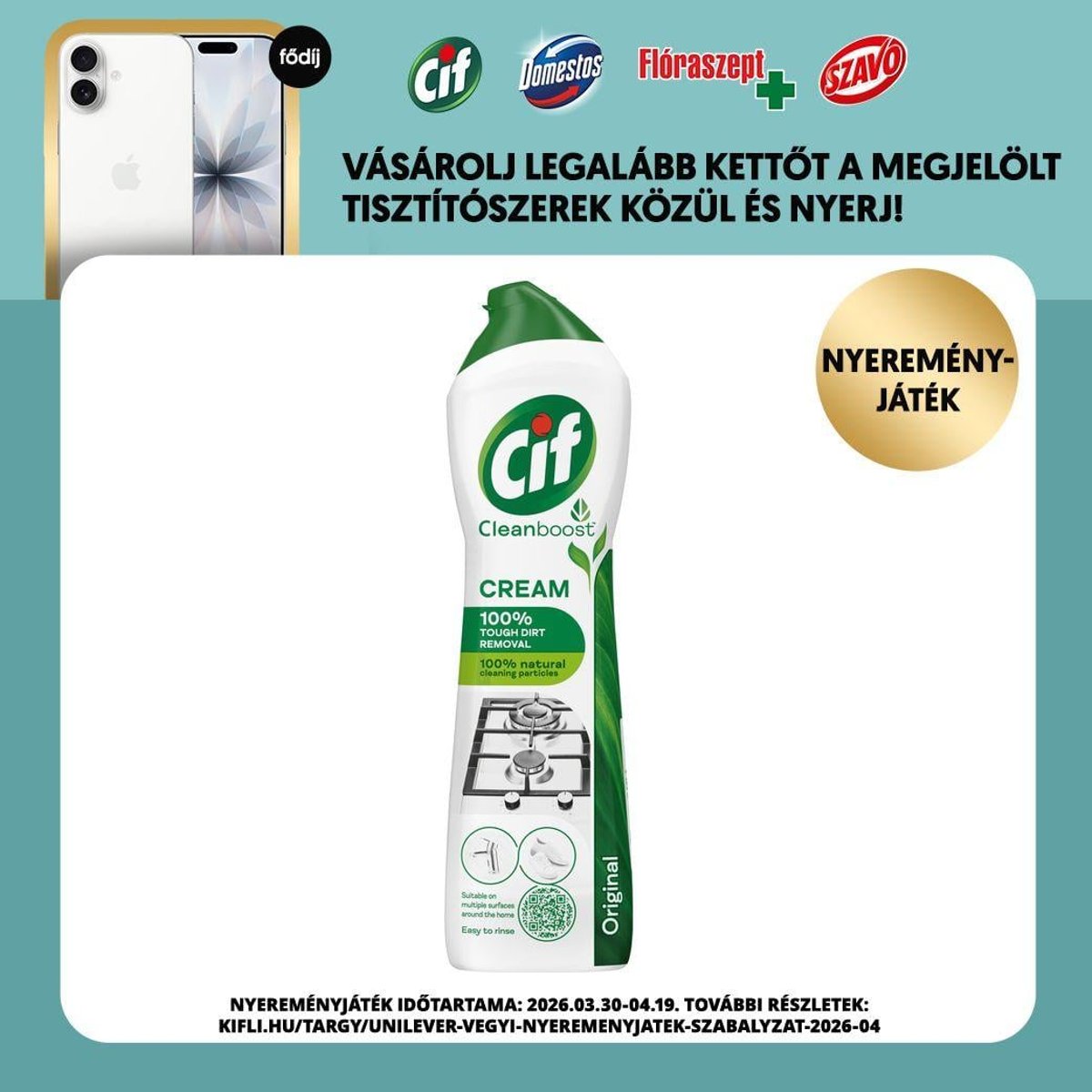 Cif Cleanboost Original súrolókrém mikrokristályokkal makacs szennyeződésekre, 500 ml