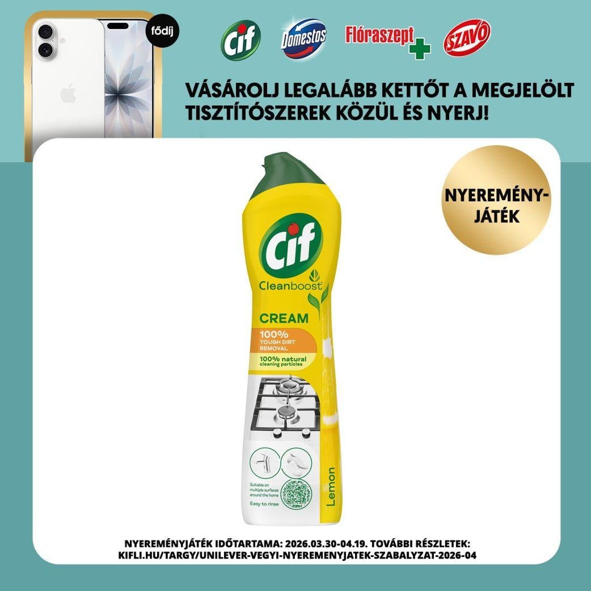 Cif Cleanboost Lemon súrolókrém mikrokristályokkal makacs szennyeződésekre, 500 ml