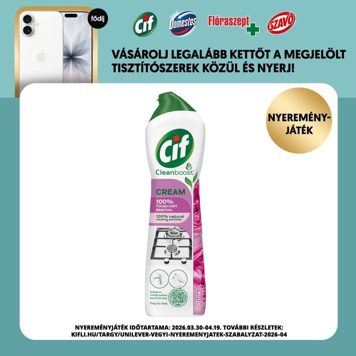Cif Cleanboost Pink súrolókrém mikrokristályokkal makacs szennyeződésekre, 500 ml