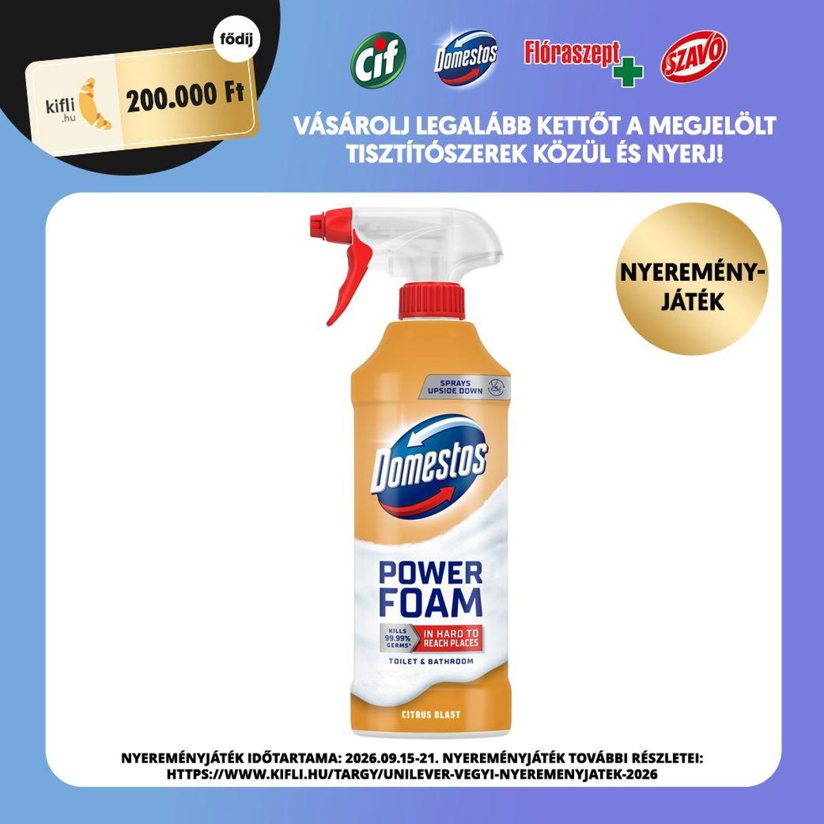 Domestos Power Foam Citrus Blast WC és fürdőszoba tisztító hab, 435 ml