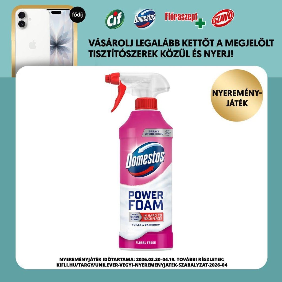 Domestos Power Foam Floral Fresh WC és fürdőszoba tisztító hab, 435 ml