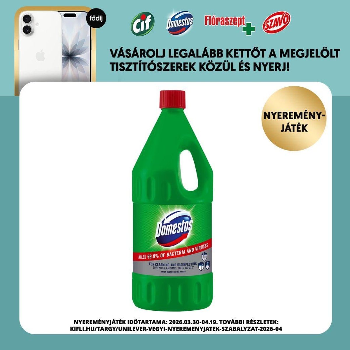 Domestos Extended Power Pine Fresh fertőtlenítő hatású folyékony tisztítószer, 2000 ml