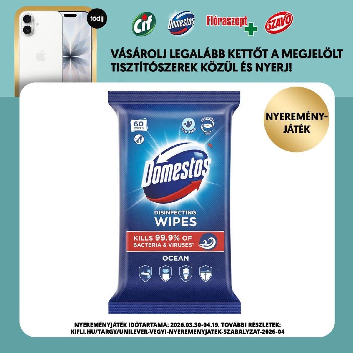 Domestos Ocean fertőtlenítő hatású higiénikus törlőkendő, 60 db