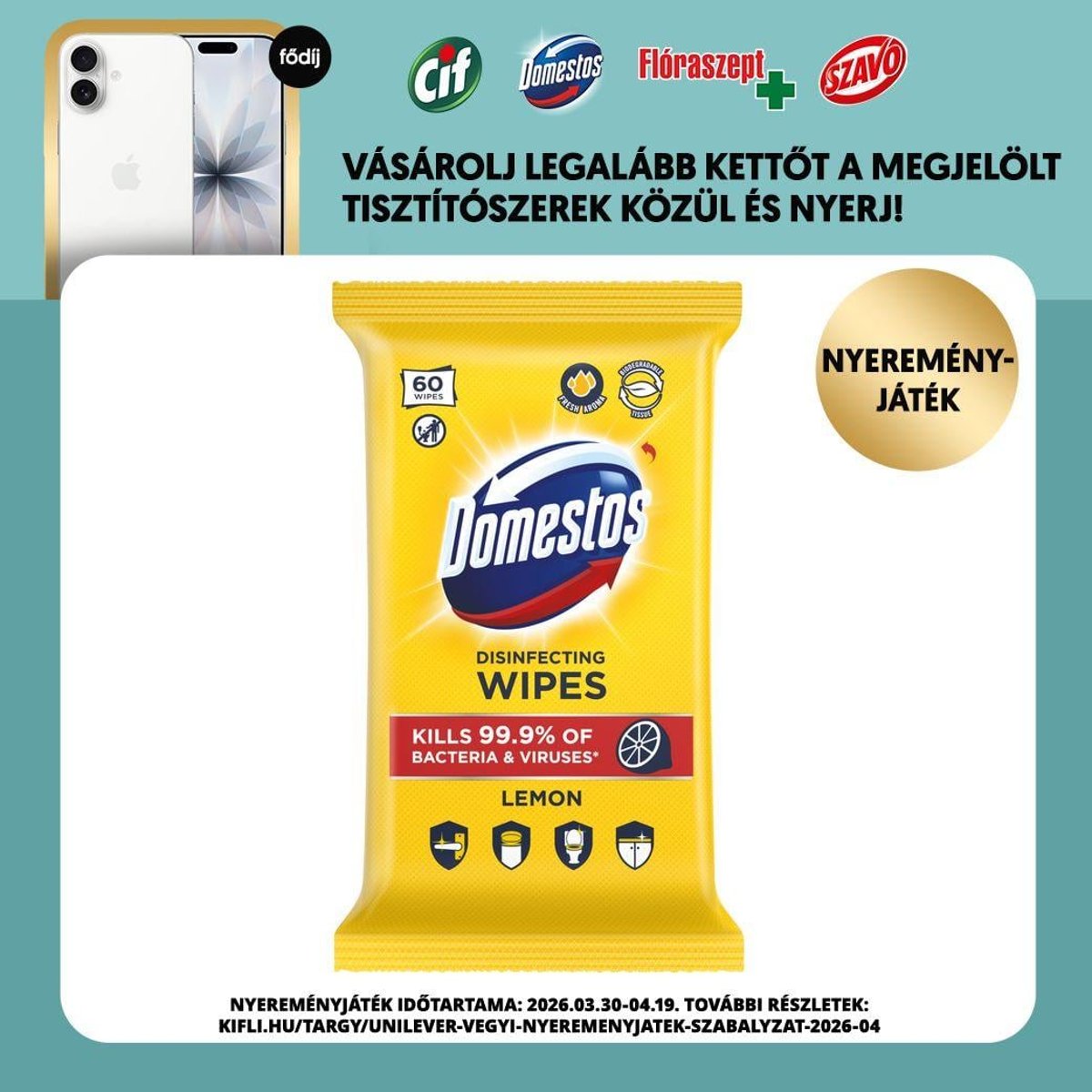 Domestos Lemon fertőtlenítő hatású higiénikus törlőkendő, 60 db