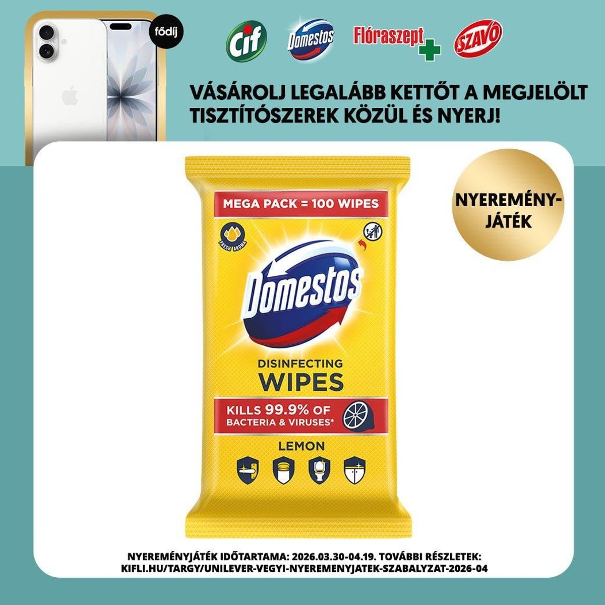 Domestos Lemon fertőtlenítő hatású higiénikus törlőkendő, 100 db
